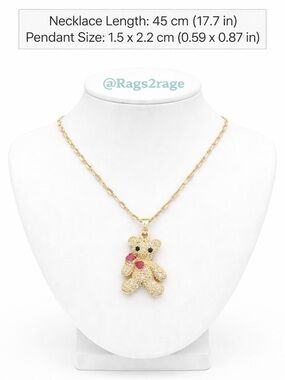 18K Gold Plated Teddy Bear Necklace Zircon Red Bow Stainless Steel